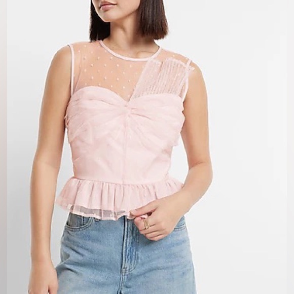 EXPRESS Tulle Polka Dot Twist Front Peplum Tank PINK - Picture 4 of 9